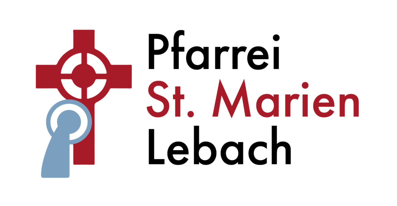 Man sieht ein rotes Kreuz, davor angedeutet eine Person. Daneben den Text 'Pfarrei St. Marien Lebach'